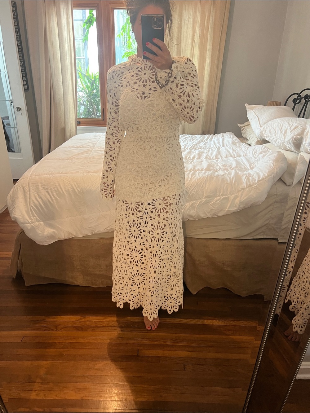 Make Long White Crochet Lace Maxi Dress - Feminine Floral Overlay